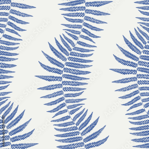 Vector seamless pattern twig decorative fern leaves elements, blue Silhouette on beige. Hand drawn illustration. Background for design packaging, textile, wallpaper, fabric, paper. Monochrome