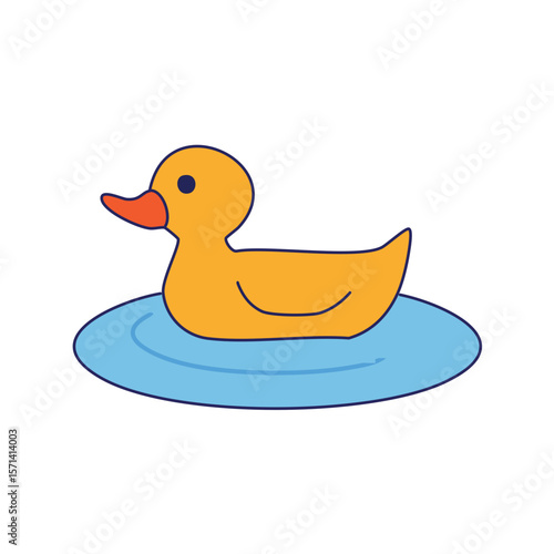 A rubber duck floating in a small body of water. The duck is yellow with an orange beak