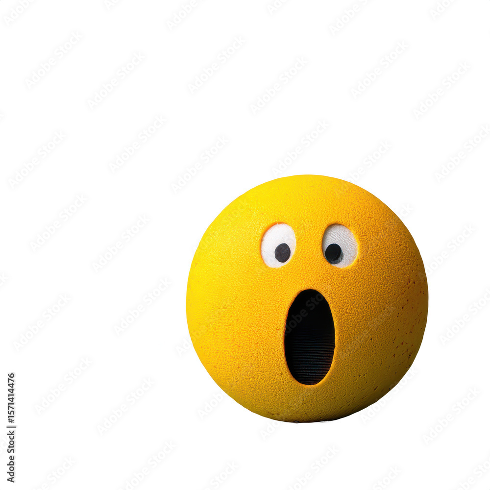 Fototapeta premium A yellow climbing hold shaped like a surprised face with wide eyes and an open mouth.