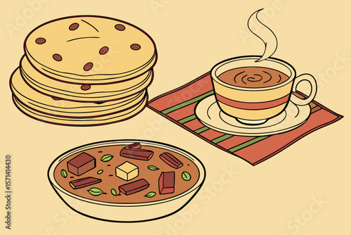Still life of stack of flatbreads, bowl of stew, and cup of tea on a patterned cloth surface