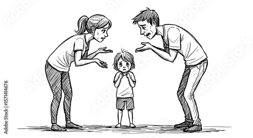 Parents arguing in front of their scared child in a minimalistic style copy space