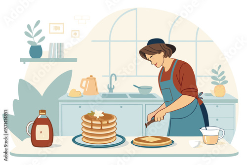 Lofi art of a person cooking pancakes in a minimalistic kitchen, cozy vibes, vector illustration.