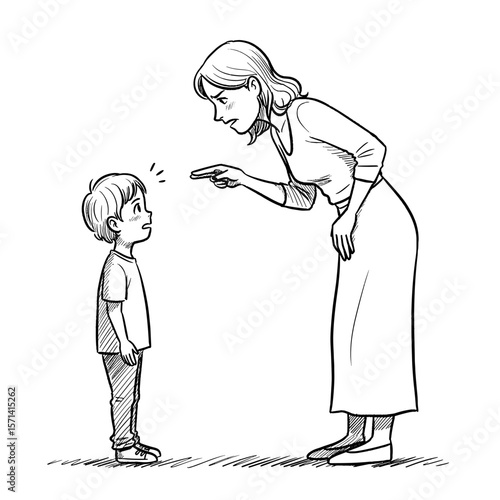 Mother scolding her child with a serious expression in a minimalistic style copy space