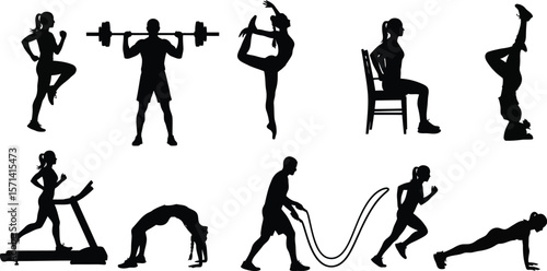 Fitness workout exercise silhouette vector gym training sport activity fit