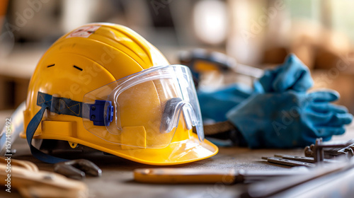 Safety Gear A closeup of a safety helmet resting on a table surrounded by various personal protective equipment like gloves and goggles emphasizing the safety protocols in place