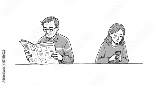 Man reading a newspaper while woman looking upset on her phone in a minimalistic style copy space