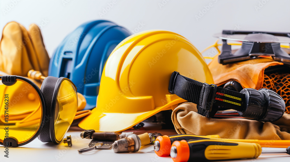 Fototapeta premium Work safety protection equipment background. Industrial protective gear on white
