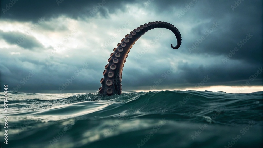Fototapeta premium A colossal, tentacled creature emerges dramatically from the churning, dark ocean waves, reaching towards a menacing, stormy sky. This evokes a sense of myth, mystery