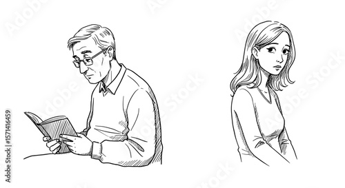 Elderly man reading a book and a woman looking displeased in a minimalistic style copy space
