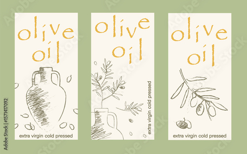 Olive oil label. Hand drawn olive tree branches with leaves and olives. Organic or artisanal product labels, branding, food packaging