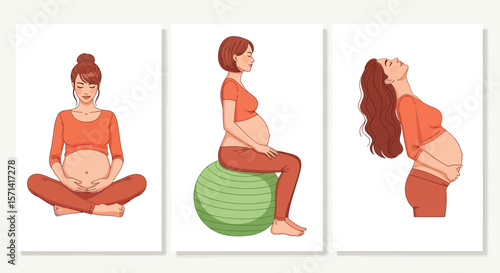 Prenatal yoga poses for pregnancy fitness and health exercise illustration