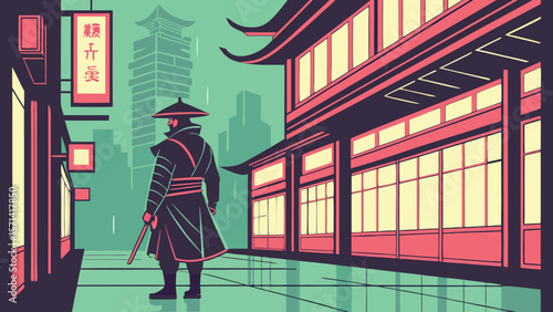 A lone samurai walks through a neon lit city street during a light rain with japanese architecture around