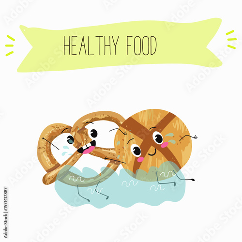 Baked food funny characters, hand drawn vector illustration.