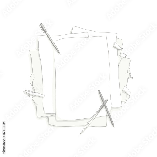 Vector silhouette sketch of blank paper and pens Minimalist line art illustration for writing drawing or study concepts with copy space