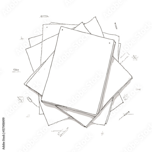 Messy stack of paper vector silhouette sketch Hand drawn line art illustration of blank documents for office work or creative concepts