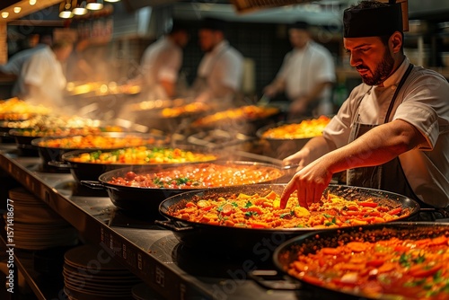 Chefs preparing vibrant paella during a bustling culinary event in the evening at a popular restaurant