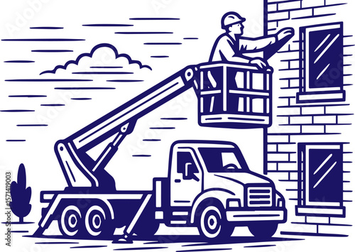 Construction worker on lift repairing building in line art style