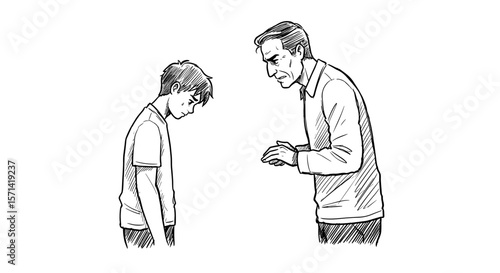 Serious man talking to a submissive boy with a concerned expression in a minimalistic style copy space
