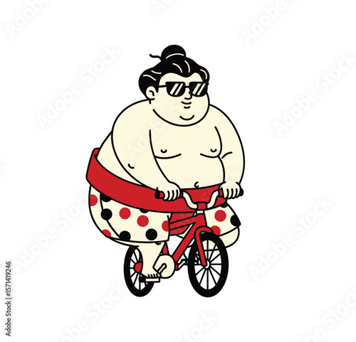 Funny Sumo Wrestler Riding a Small Bicycle Cartoon