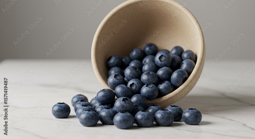 Fresh blueberries spilling from a rustic bowl onto a marble countertop surface Fresh blueberries spilling from a rustic bowl onto a marble countertop surface