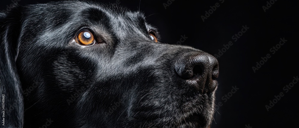 The close-up portrait of a black Labrador's expressive face and eyes The close-up portrait of a black Labrador's expressive face and eyes