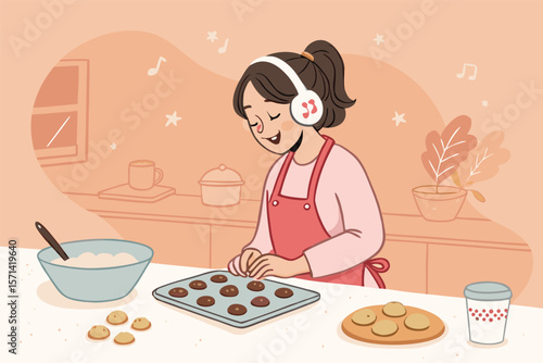 Lo-fi vector art a teen girl bakes cookies in her messy, cozy bedroom. Soft pastel hues & grain.