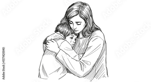 Mother embracing her worried son in a comforting hug in a minimalistic style copy space