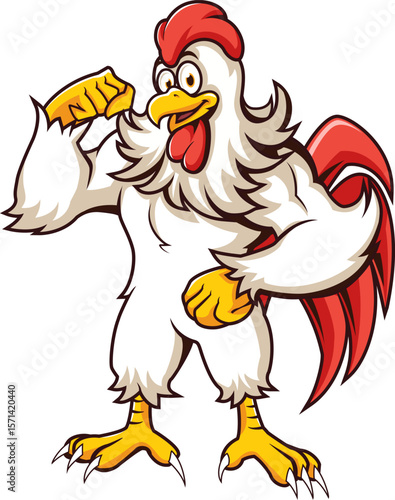 Funny Bodybuilder Chicken Mascot Flexing Arm