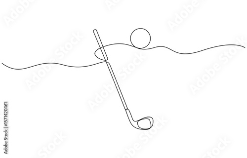 Single line drawing of a golf stick and ball. Represents precision, relaxation, and professional golf sport. Golf putter continuous one line drawing, Golf line icon.