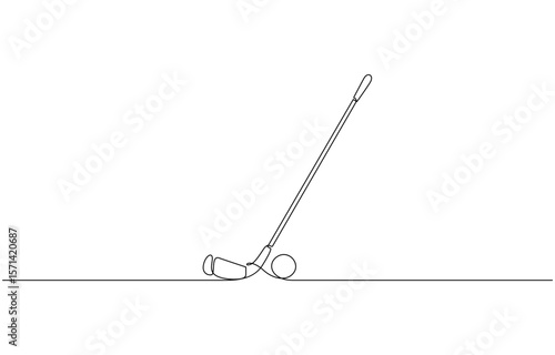Single line drawing of a golf stick and ball. Represents precision, relaxation, and professional golf sport. Golf putter continuous one line drawing, Golf line icon.