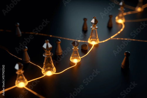 Top-down concept of a strategic planning network with gold route lines on a black background, pawns as decision points, and a hand making a move, symbolizing leadership, logic, and direction