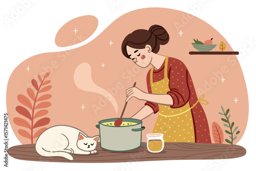 Create a vector illustration of a low-fi style woman, cheerfully stirring a pot of soup on a stove.  Focus on a cozy, warm atmosphere.