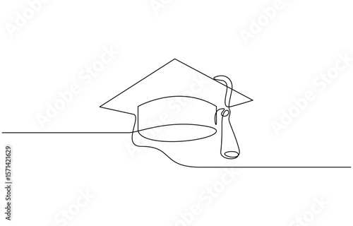 Continuous one line art drawing of graduation hat design vector illustration, Graduation cap and diploma continuous one line drawing. Graduation, celebration, achievement concept. Single line drawing