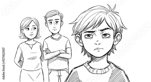 Defiant boy standing in front of concerned parents in a minimalistic style copy space