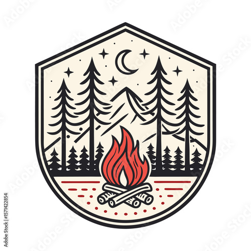 Circular vintage monoline forest campfire badge with detailed shading.