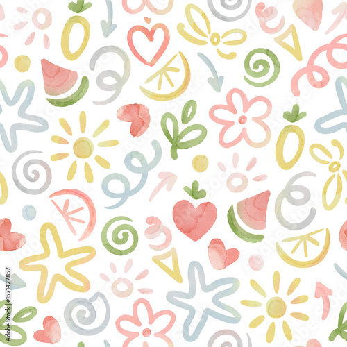 Foto Cute naive seamless pattern, colorful watercolor print with doodles symbols summer, good mood and hearts