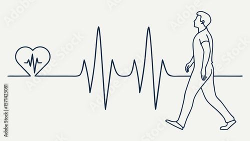 Line art depicting a walking man with a heart rate monitor and ekg graph symbolizing health
