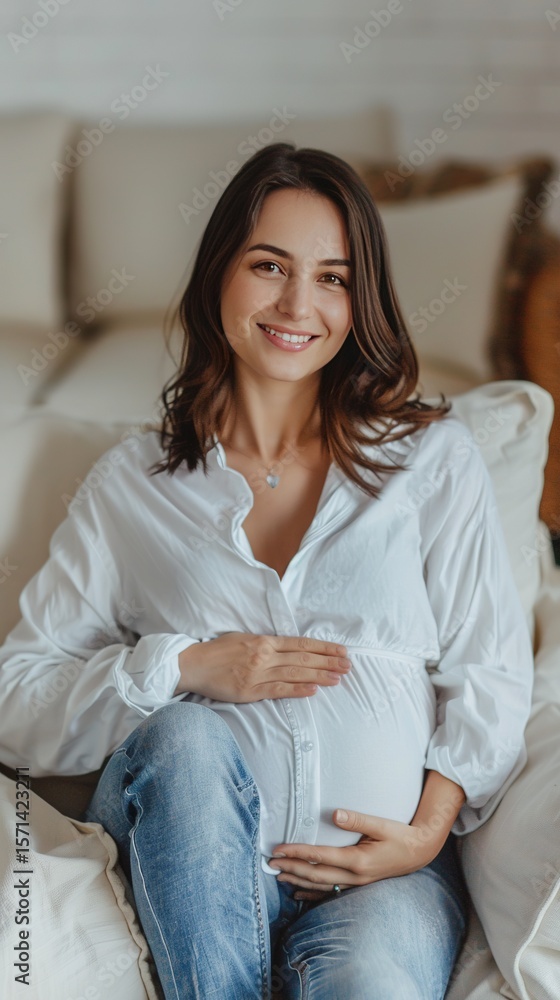 Pregnant caucasian woman wearing white t-shirt and jeans smiling with hands on belly while sitting on bed in cozy bedroom, calm mood and soft light, family and parenting Pregnant caucasian woman wearing white t-shirt and jeans smiling with hands on belly while sitting on bed in cozy bedroom, calm mood and soft light, family and parenting