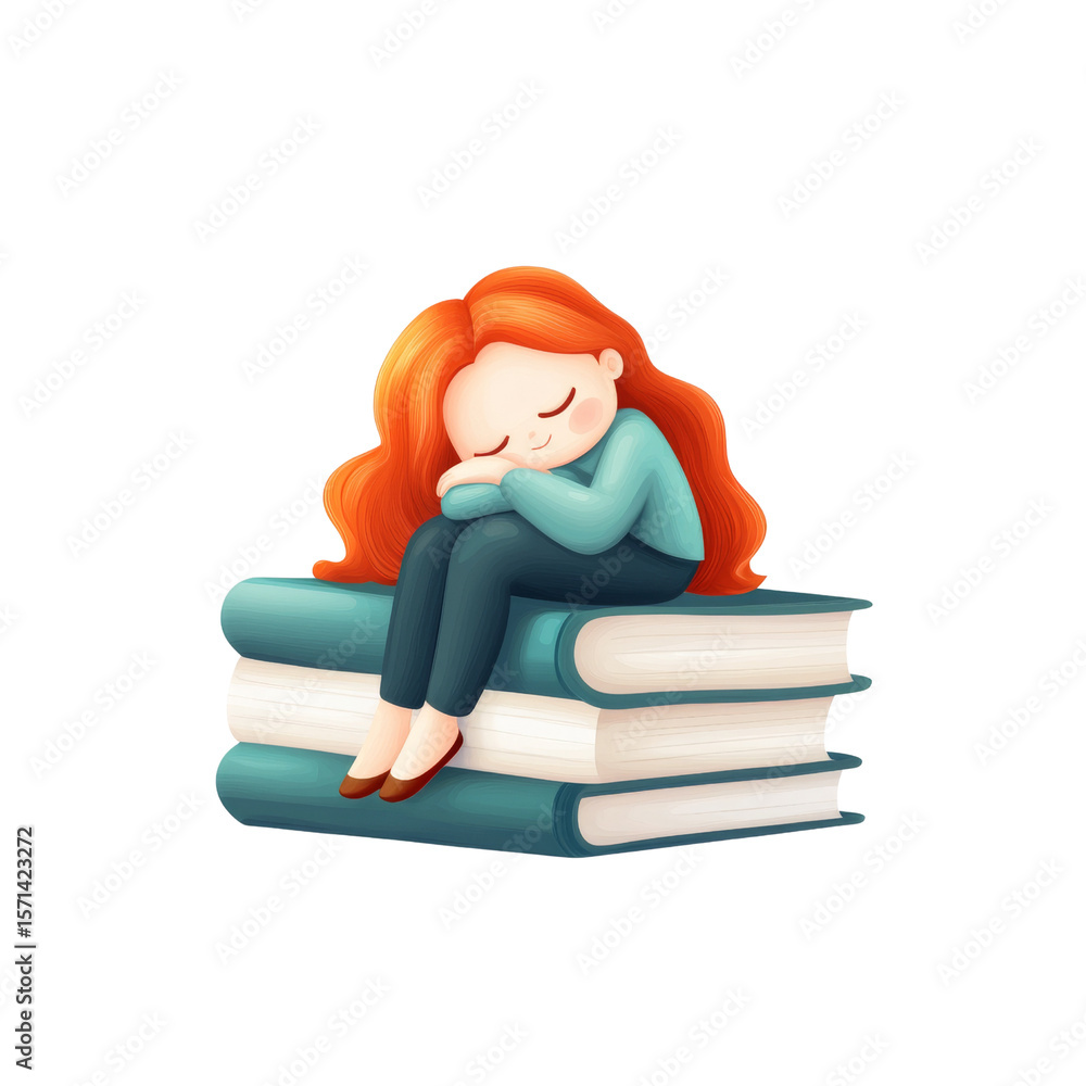 Cozy girl resting on a stack of books Cozy girl resting on a stack of books