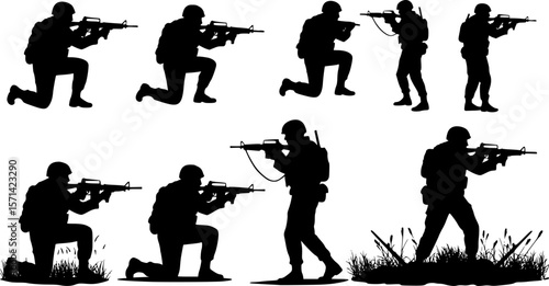 Vector silhouettes of American soldiers in combat positions.

