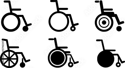set of black Clean vector icon of a wheelchair silhouette
