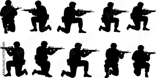 Vector silhouettes of American soldiers in combat positions.
