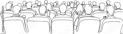 People sit cinema hall back rear view looking at screen continuous one line drawing. Hand drawn audience cinema, theatre vector silhouette. Crowd of people in the auditorium contour illustration