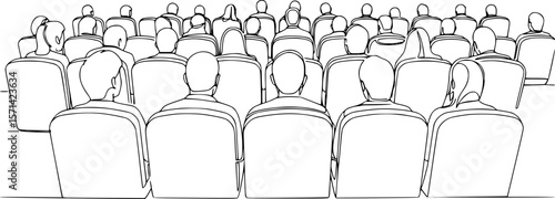 People sit cinema hall back rear view looking at screen continuous one line drawing. Hand drawn audience cinema, theatre vector silhouette. Crowd of people in the auditorium contour illustration