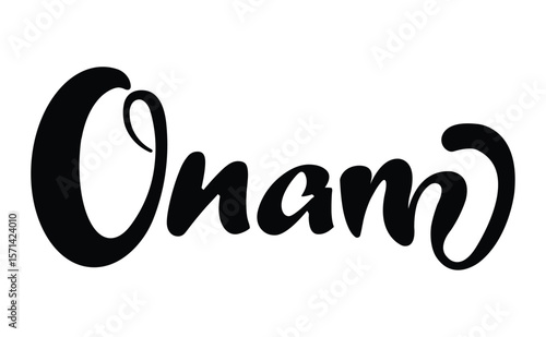 Elegant hand-lettered "Onam" wordmark in bold black cursive script on a white background. Modern, minimalist, and decorative typographic design. Centered and clean layout.