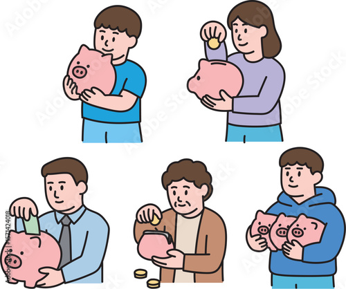 People Saving Money with Piggy Bank Character Set Financial Planning