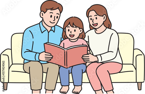 Happy Family Reading Together on Sofa Parents Child Book Time