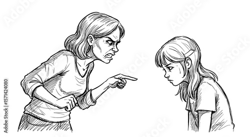 Angry woman scolding her upset daughter in a minimalistic style copy space