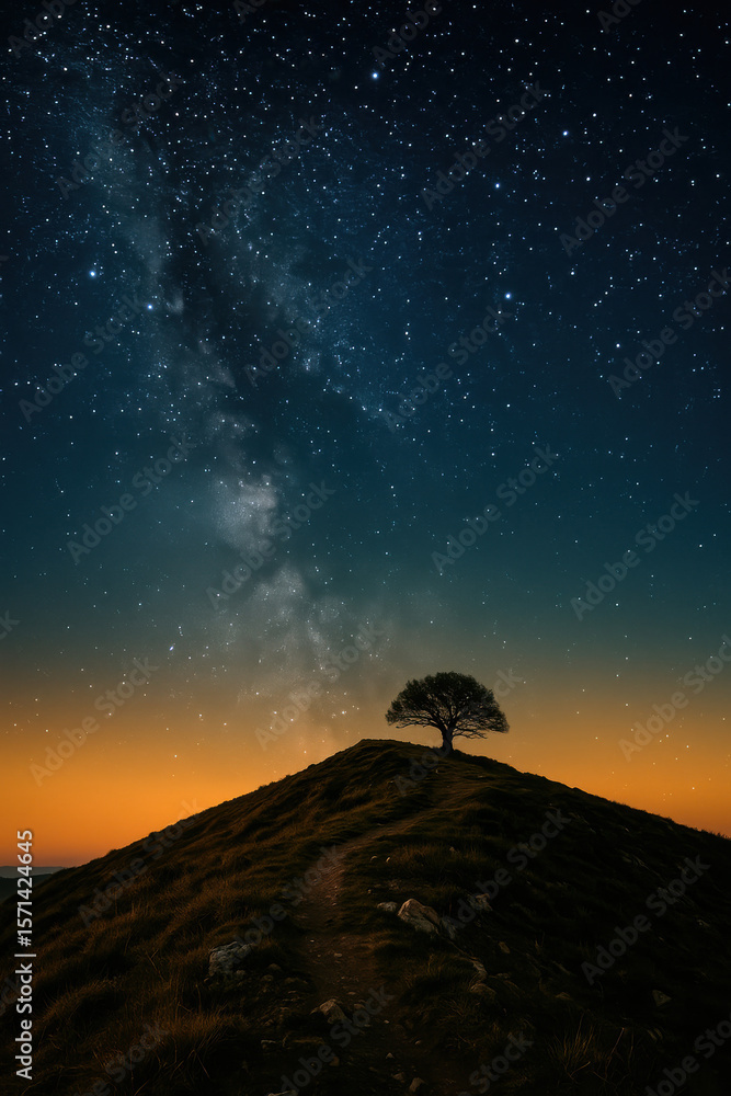 Fototapeta premium Milky way stretches across a clear night sky above a lone tree on a rugged hill at twilight creating a serene landscape of stars solitude wonder wilderness and peaceful cosmic beauty