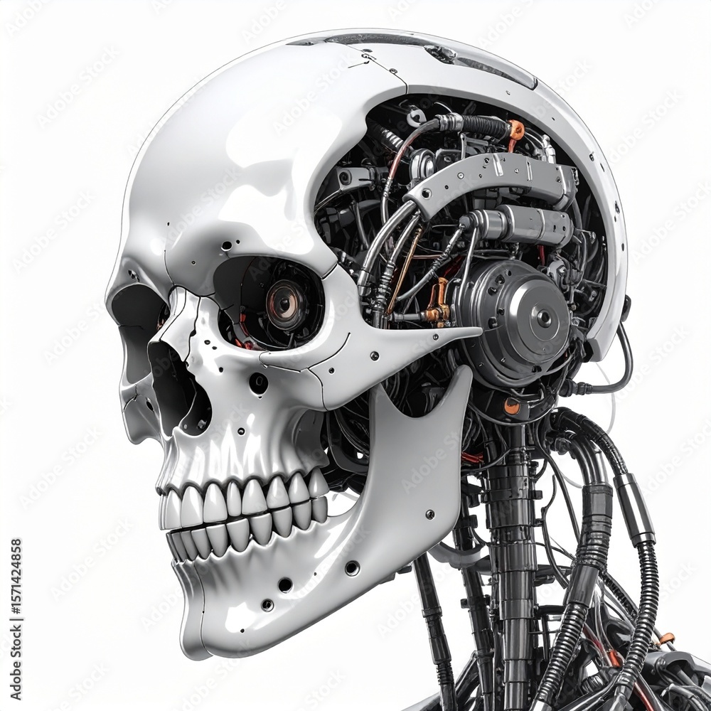 Fototapeta premium A futuristic cyborg skull, revealing intricate mechanical components